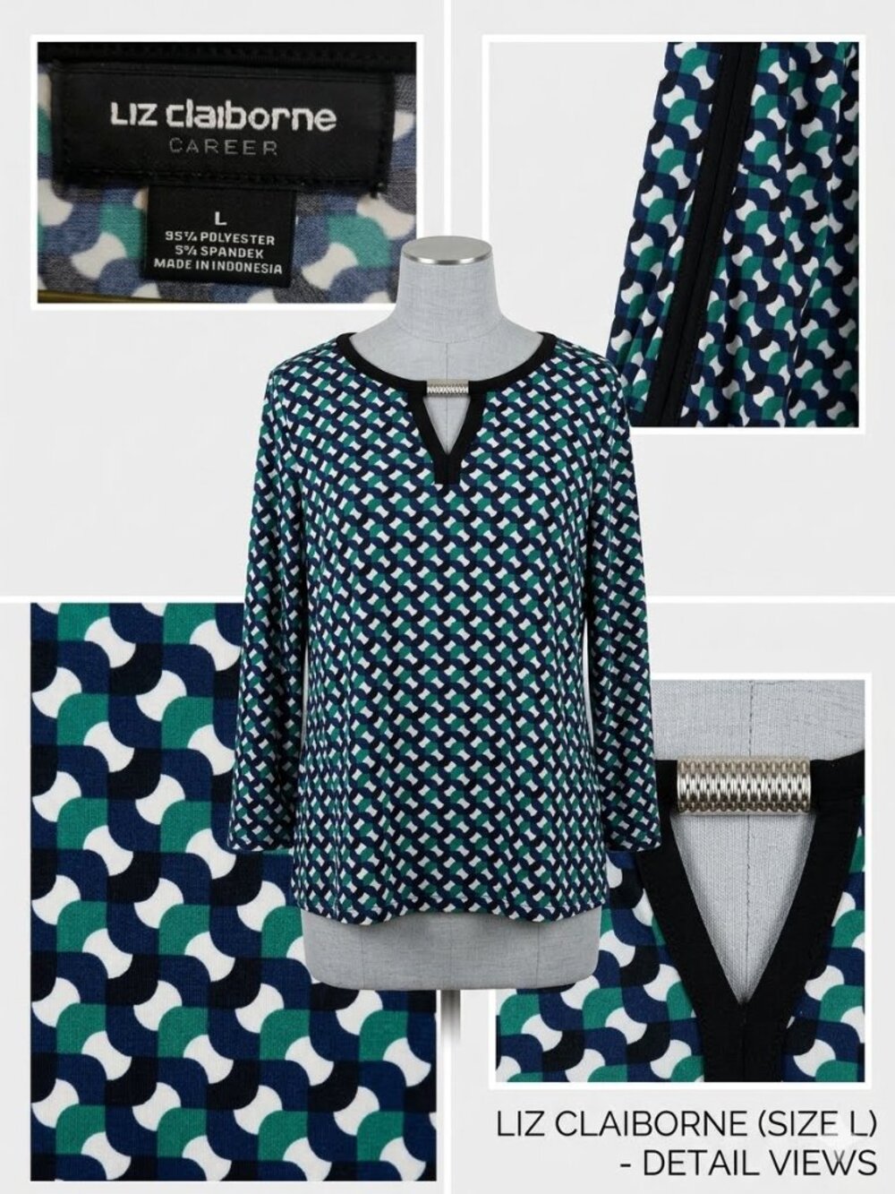 Liz Claiborne Career Geometric Blouse Large Blue Green Keyhole Metal Hardware